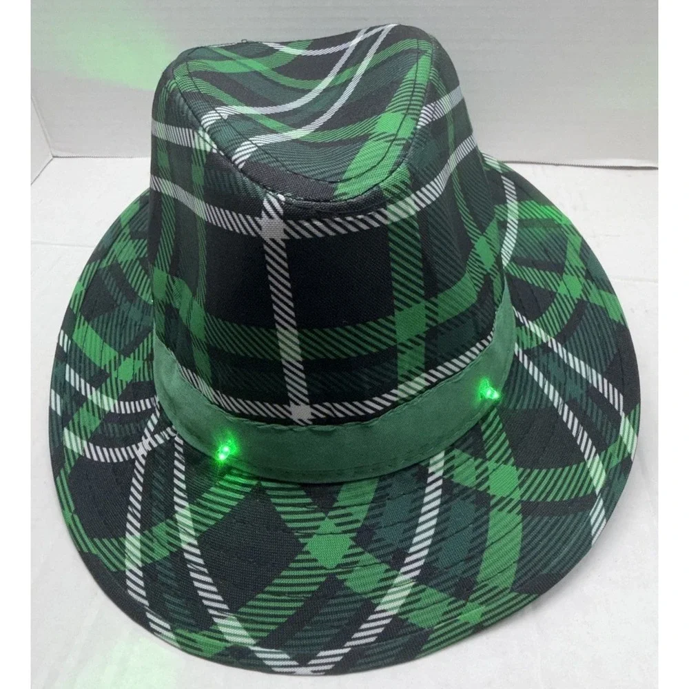 Light Up St. Patrick's Day Fedora Hat Green Plaid LED Party Costume